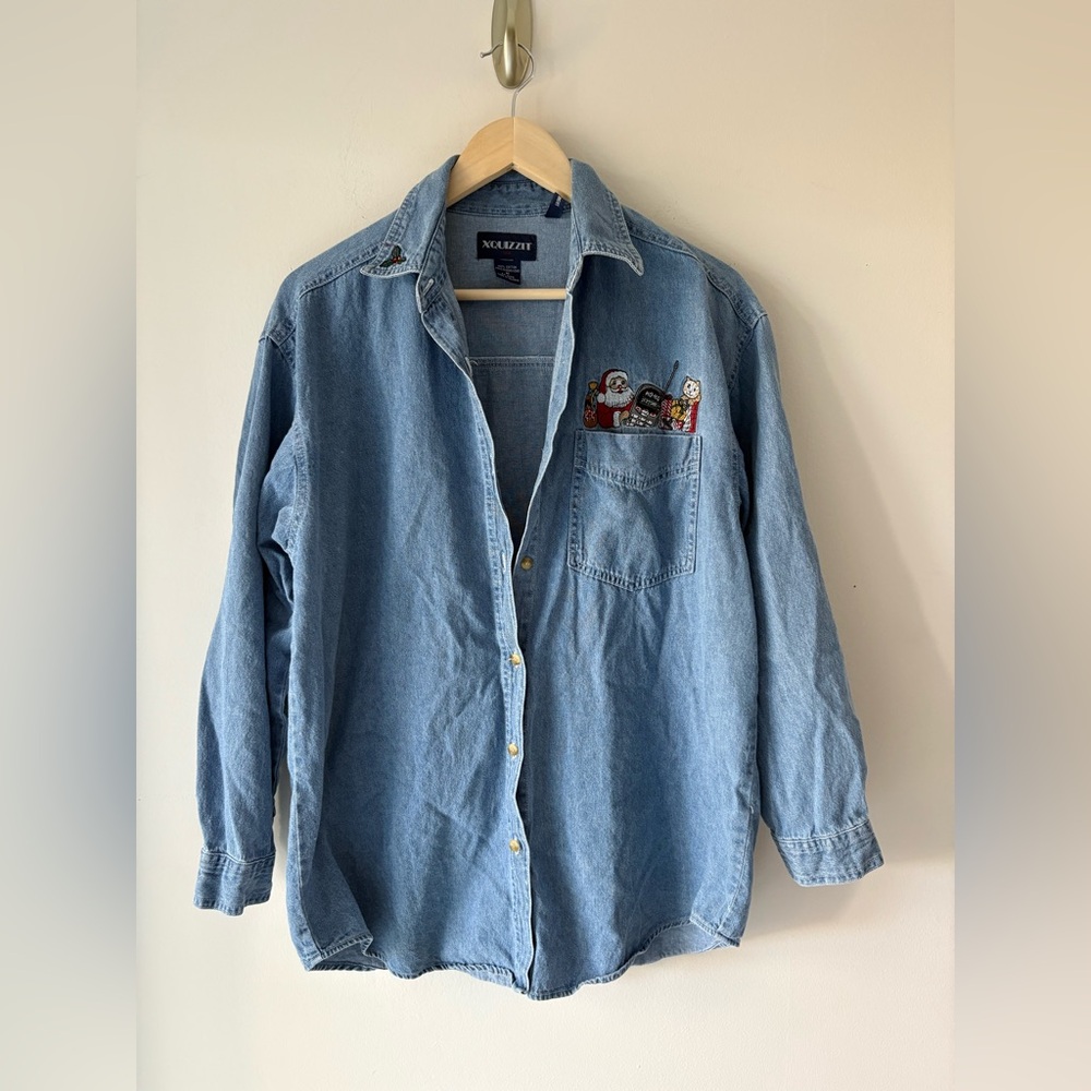 Vintage 90s Xquizzit Button Denim Santa Embroidered 100%Cotton Shirt